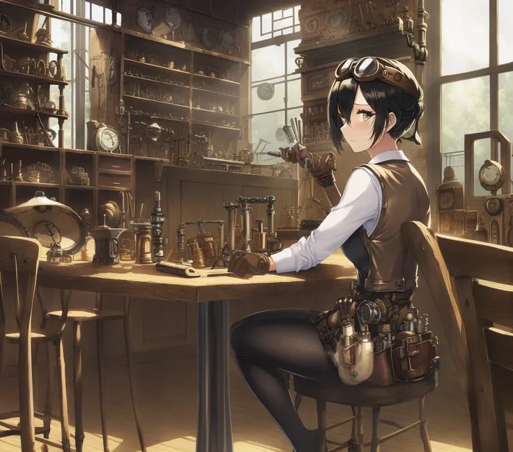 1woman, black hair, steampunk goggles, prosthetic arms, table, vest, solo, masterpiece, clocks, wooden shack, clockwork, clocksmith, sunlight, caustics, reflective, tools, pipes, steam