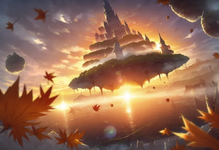 floating islands, caustics, depth of field, masterpiece, detailed, waterfall, reflective, fog, foggy, sunset, autumn, lens flare, windy, scenery, leaves, town, buildings
