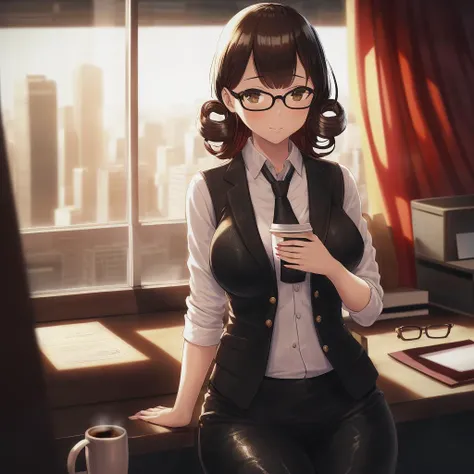 woman, business suit, leather vest, pants, glasses, tattoos, hair highlights, office, masterpiece, reflective, caustics, solo, coffee cup, curly hair, lamps, depth of field, pictures, folders, sunlight, window, city