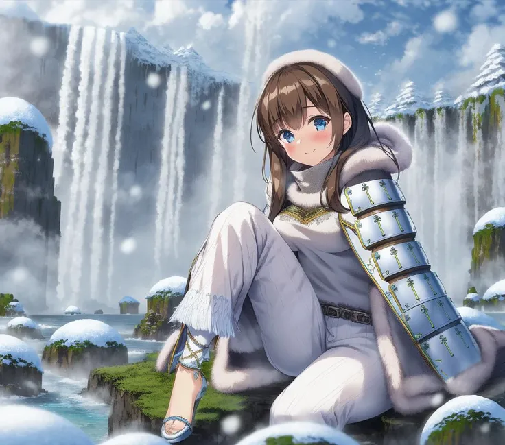 woman, face, brown hair, blue eyes, fantasy armour, fluffy coat, pants, embroidery, floating islands, caustics, depth of field, masterpiece, detailed, waterfall, reflective, fog, snow