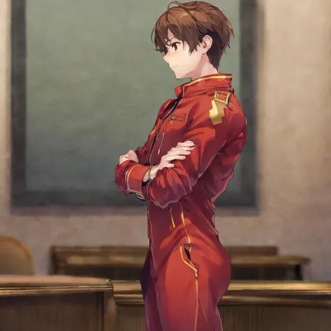 solo, 1boy, standing, crossed arms, short brown hair, brown eyes, red suit jacket, red pants, bracelet, courtroom, from side, best quality, perfect anatomy, highres, absurdres, extremely detailed CG unity 8k wallpaper