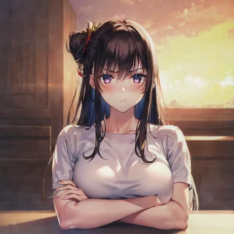 solo, 1girl, pout, half updo, crossed arms, upper body, best quality, perfect anatomy, highres, absurdres, extremely detailed CG unity 8k wallpaper, <lora:kawaiipouts_:0.5>