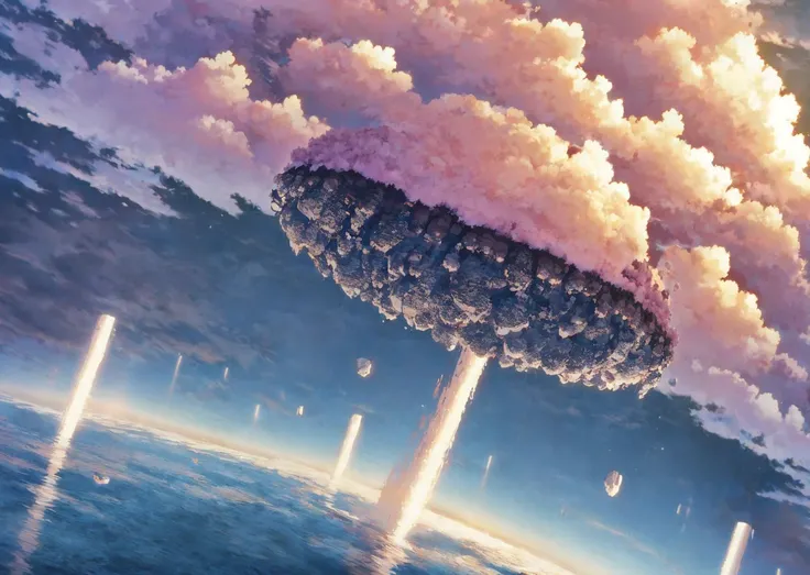 floating islands, floating rocks and pillars, clouds, planet in the background, dynamic angle, masterpiece, best quality, perfect anatomy, highres, absurdres, extremely detailed CG unity 8k wallpaper