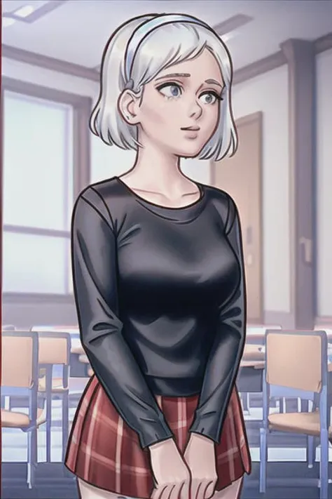 crisp portrait of Kiernan Shipka as S4BR1N422, cowboy_shot, (tight red sweater, short plaid skirt), white hair black hairband, perfectly detailed eyes, in a classroom, realistic <lora:animeCharacterDesignDRC_drcAnythingV3Lora:0.7>
