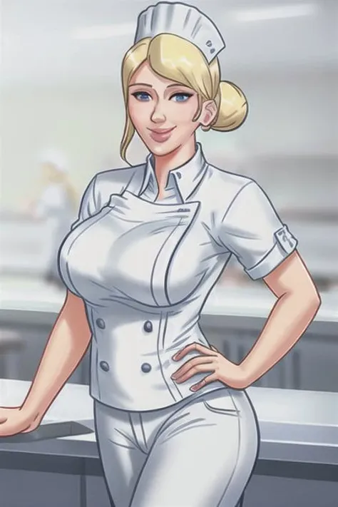 portrait of thin scarjo-subject, cowboy_shot, wearing a white chef outfit and pants, and chef hat, (blonde bun), in a school lunchroom, smile, realism <lora:animeCharacterDesignDRC_drcAnythingV3Lora:0.7>