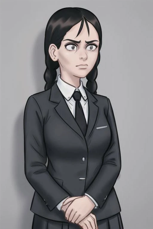 front facing portrait of W3DDDN3SD4Y, black school uniform, olive skin, ((angry glare expression)), ((black braided pigtails)) and (( black fringe hair:1.0)), dark ambience, dark brown eyes, cowboy_shot , perfectly detailed eyes, ((eye contact, facing the camera)), realistic, standing pose, <lora:animeCharacterDesignDRC_drcAnythingV3Lora:0.7>