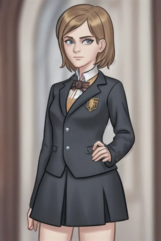 front facing portrait of Emma Watson, in a Hogwarts school uniform, cowboy_shot , perfectly detailed eyes, ((eye contact, facing the camera)), realistic, standing pose, <lora:animeCharacterDesignDRC_drcAnythingV3Lora:0.7>