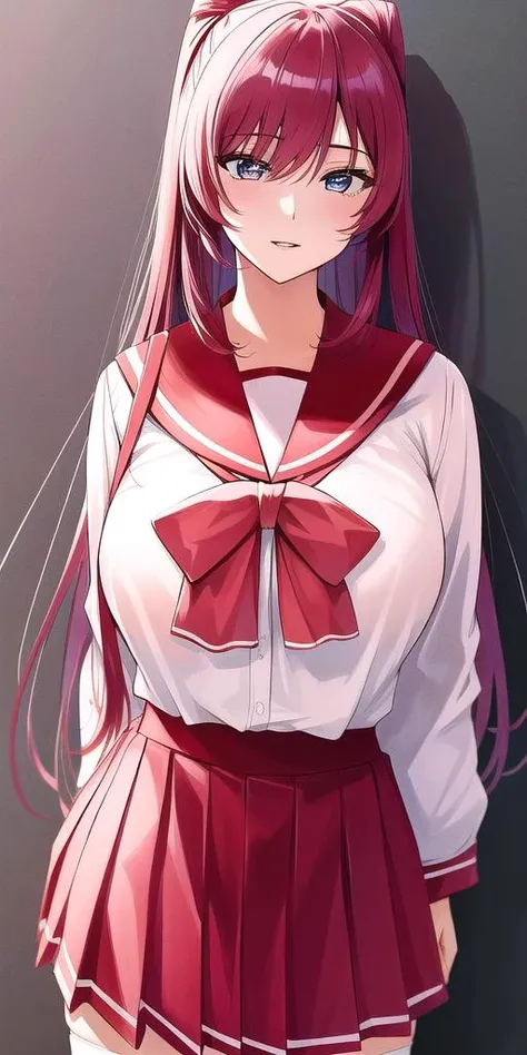 <lora:TamakiKousakaV3:0.7> tamakikousaka, huge_breasts, standing, solo, School_uniform_White_shirt_Red_sailor_collar_Red_skirt_Red_bowtie_white_thighhighs, masterpiece, best quality, detailed face, detailed eyes, highres,