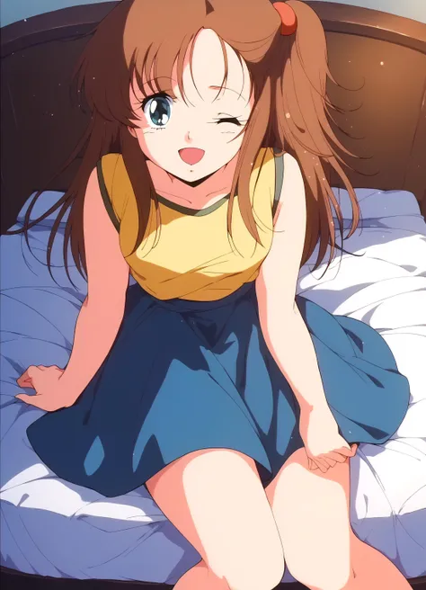 score_9, score_8_up, score_7_up, masterpiece, best quality, very aesthetic, absurdres, official art, official style, anime screencap, (game cg:1.2), megami magazine, zPDXL, zPDXLpg, <lora:plasticnovel-sdxl-pd6:0.7> <lora:Kiryu_Mako_Cream_Lemon_v1:0.9>, 1girl, kiryu_mako, solo focus, blue eyes, brown hair, one side up, hair bobbles, long hair, hair ornament, yellow shirt, sleeveless, blue skirt, pleated skirt, <lora:neg4all_bdsqlsz_xl_V91:1.0> <lora:ALTXL_pony_0061_8:1.0>, light smile, half-open mouth, one eye closed, zettai ryouiki, from above, looking at viewer, dutch angle, (bedroom, messy room:1.1), on bed, morning, dim lighting, light particles, bokeh,