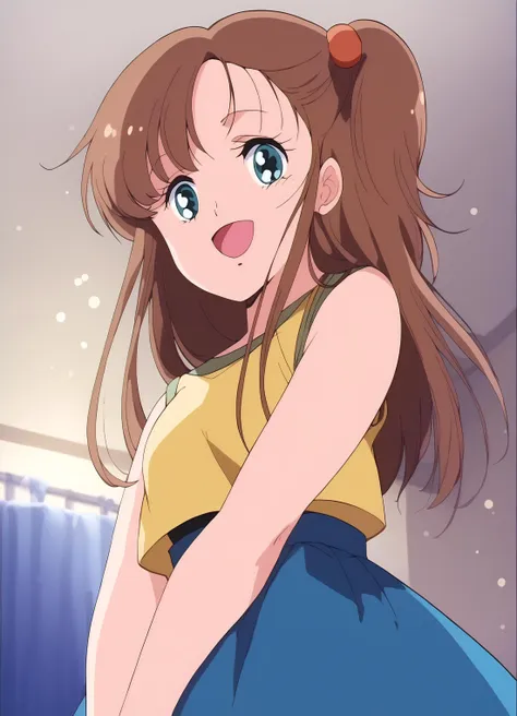 score_9, score_8_up, score_7_up, masterpiece, best quality, very aesthetic, absurdres, official art, official style, anime screencap, (game cg:1.2), megami magazine, zPDXL, zPDXLpg, <lora:plasticnovel-sdxl-pd6:0.7> <lora:Kiryu_Mako_Cream_Lemon_v1:0.9>, 1girl, kiryu_mako, solo focus, blue eyes, brown hair, one side up, hair bobbles, long hair, hair ornament, yellow shirt, sleeveless, blue skirt, pleated skirt, <lora:neg4all_bdsqlsz_xl_V91:1.0> <lora:ALTXL_pony_0061_8:1.0>, light smile, half-open mouth, upper body, from below, looking at viewer, dutch angle, (bedroom, messy room:1.1), on bed, night, dim lighting, light particles, bokeh,