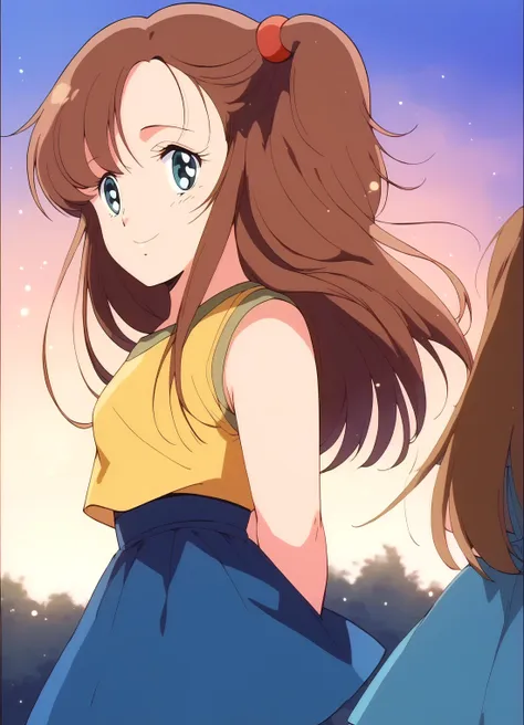 score_9, score_8_up, score_7_up, masterpiece, best quality, very aesthetic, absurdres, official art, official style, anime screencap, (game cg:1.2), megami magazine, zPDXL, zPDXLpg, <lora:plasticnovel-sdxl-pd6:0.7> <lora:Kiryu_Mako_Cream_Lemon_v1:0.9>, 1girl, kiryu_mako, solo focus, blue eyes, brown hair, one side up, hair bobbles, long hair, hair ornament, yellow shirt, sleeveless, blue skirt, pleated skirt, <lora:neg4all_bdsqlsz_xl_V91:1.0> <lora:ALTXL_pony_0061_8:1.0>, outdoors, standing, light smile, arms behind back, upper body, from side, looking at viewer, dutch angle, noon, dim lighting, light particles, bokeh,