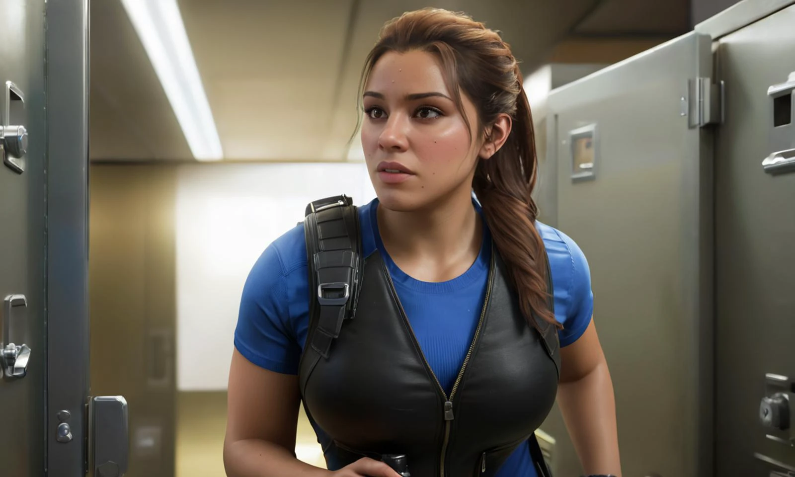 a woman in a bank vault, mole, brown hair, best quality, photorealistic, masterpiece, raw image, skin pores, detailed skin, 5 fingers, Latina, dramatic lighting, looking at the viewer, vibrant color, luciagta6sdxl, full body, <lora:luciagta6sdxl:1>, ponytail, tactical outfit, bulletproof vest,