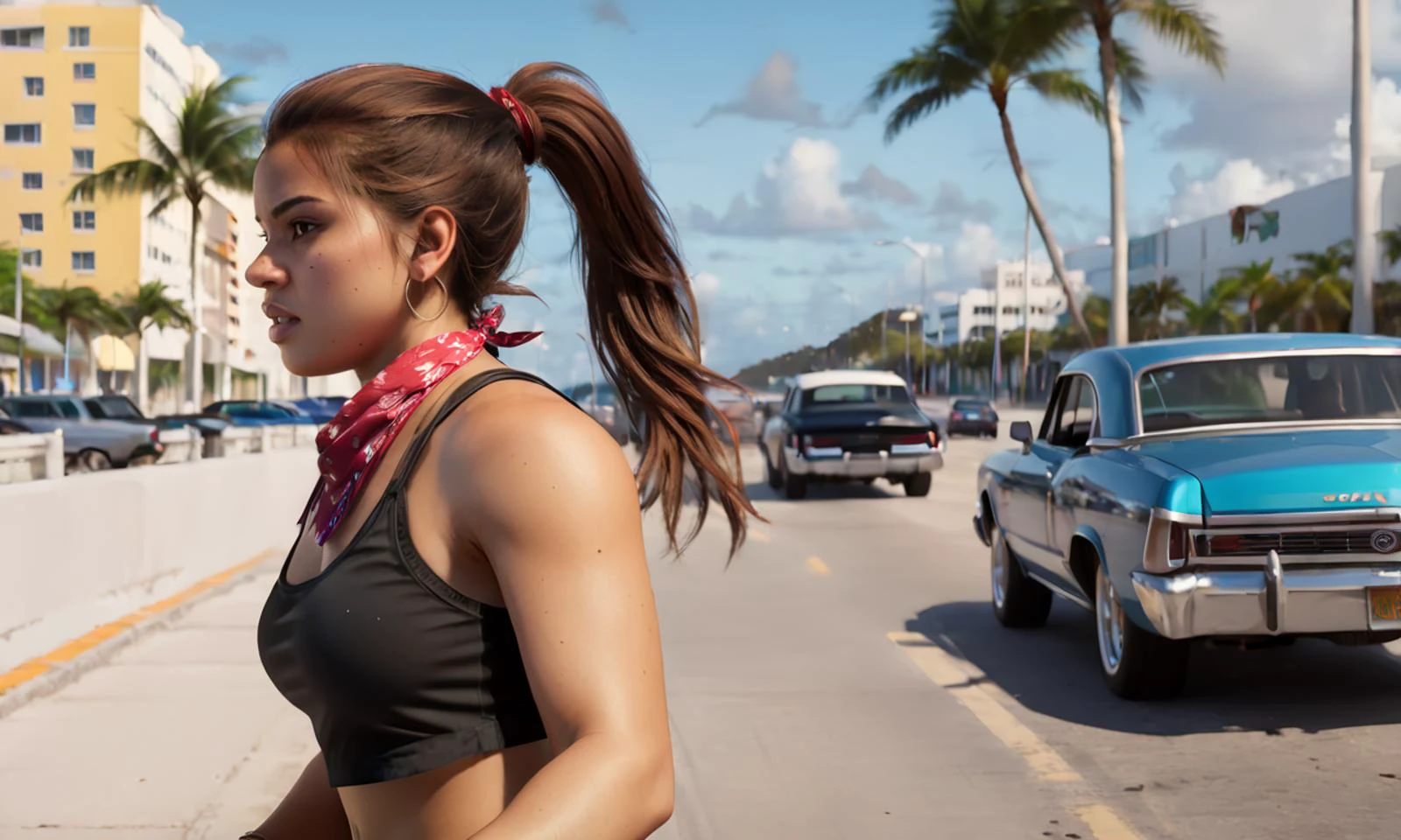luciagta62024,1 angry woman walking away on busy Miami street, looking back, black tank top, jean shorts, brown hair, ponytail, bandana around neck, 8k, uhd, best quality, trending on arstation, photorealistic, masterpiece, raw image, skin pores, detailed skin, 5 fingers, mole, Latina, Miami boardwalk, dramatic lighting, sneakers, cars, lowriders, palm trees, side view,looking at viewer, vibrant color, traffic, long ponytail, <lora:luciagta6sdxl:1>, luciagta6sdxl