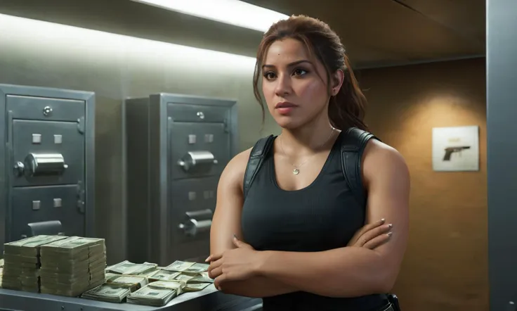 a t woman in a  bank vault, mole,  brown hair,  best quality, photorealistic, masterpiece, raw image, skin pores, detailed skin, 5 fingers,  Latina, dramatic lighting, looking at the viewer, vibrant color,  luciagta6sdxl, full body,   <lora:luciagta6sdxl:1>, ponytail, tactical outfit, stacks of cash, bulletproof vest,