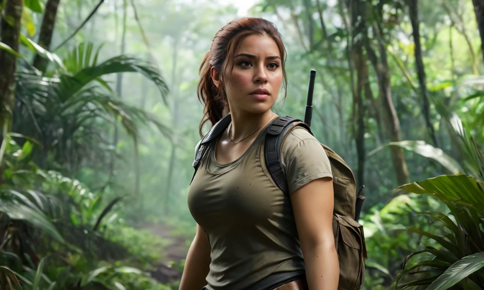 a woman walking in a jungle, mole, brown hair, best quality, photorealistic, masterpiece, raw image, skin pores, detailed skin, Latina, dramatic lighting, looking at the viewer, vibrant color, luciagta6sdxl, full body, <lora:luciagta6sdxl:1>, ponytail, tactical outfit, bulletproof vest, military outfit, boots, rifle, sweaty