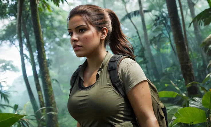 a woman walking in a jungle, mole, brown hair, best quality, photorealistic, masterpiece, raw image, skin pores, detailed skin, Latina, dramatic lighting, looking at the viewer, vibrant color, luciagta6sdxl, full body, <lora:luciagta6sdxl:1>, ponytail, tactical outfit, bulletproof vest, military outfit, boots, rifle, sweaty