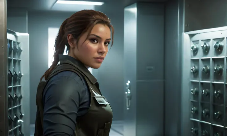 a woman in a  bank vault, mole,  brown hair,  best quality, photorealistic, masterpiece, raw image, skin pores, detailed skin, 5 fingers,  Latina, dramatic lighting, looking at the viewer, vibrant color,  luciagta6sdxl, full body,   <lora:luciagta6sdxl:1>, ponytail, tactical outfit, bulletproof vest,