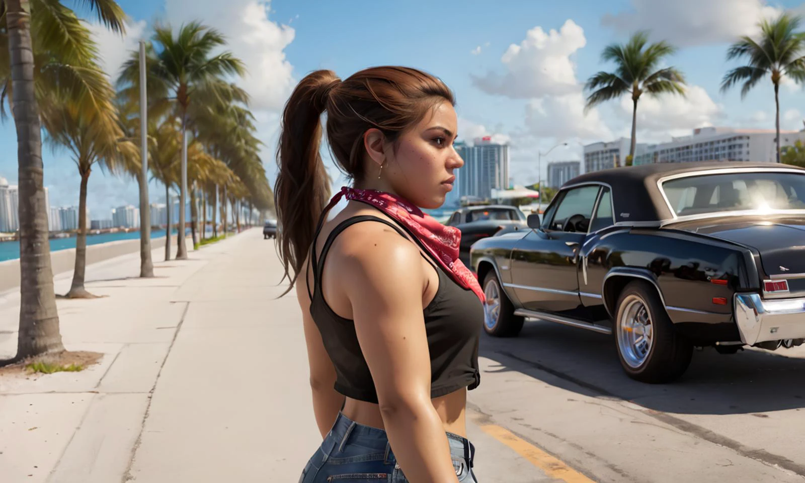 luciagta62024,1 angry woman walking away on busy Miami street, looking back, black tank top, jean shorts, brown hair, ponytail, bandana around neck, 8k, uhd, best quality, trending on arstation, photorealistic, masterpiece, raw image, skin pores, detailed skin, 5 fingers, mole, Latina, Miami boardwalk, dramatic lighting, sneakers, cars, lowriders, palm trees, side view,looking at viewer, vibrant color, traffic, long ponytail, <lora:luciagta6sdxl:1>, luciagta6sdxl