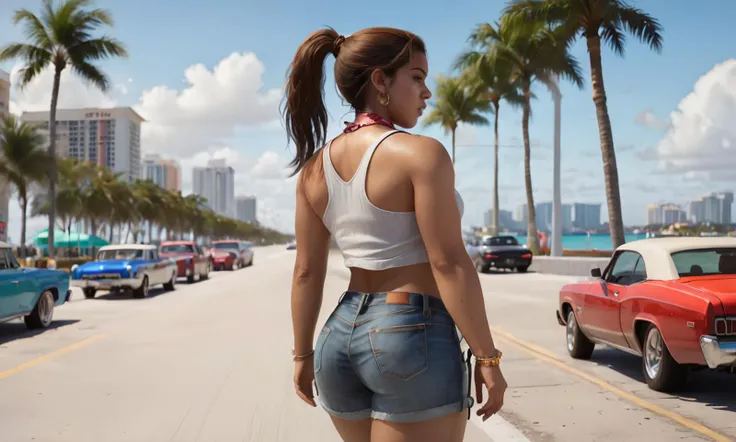 luciagta62024,1 angry woman walking away on busy Miami street, looking back, black tank top, jean shorts,  brown hair, ponytail, bandana around neck,  8k, uhd, best quality, trending on arstation, photorealistic, masterpiece, raw image, skin pores, detailed skin, 5 fingers, mole, Latina, Miami boardwalk, dramatic lighting, sneakers, cars, lowriders, palm trees, side view,looking at viewer, vibrant color, traffic, long ponytail,  <lora:luciagta6sdxl:1>, luciagta6sdxl