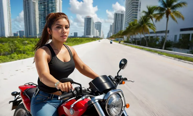 a woman riding a motorcycle through Miami, mole, brown hair, best quality, photorealistic, masterpiece, raw image, skin pores, detailed skin, Latina, dramatic lighting, looking at the viewer, vibrant color, luciagta6sdxl, full body, <lora:luciagta6sdxl:1>, ponytail, tactical outfit,