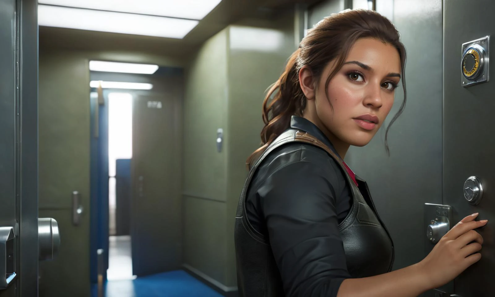 a woman in a bank vault, mole, brown hair, best quality, photorealistic, masterpiece, raw image, skin pores, detailed skin, 5 fingers, Latina, dramatic lighting, looking at the viewer, vibrant color, luciagta6sdxl, full body, <lora:luciagta6sdxl:1>, ponytail, tactical outfit, bulletproof vest,