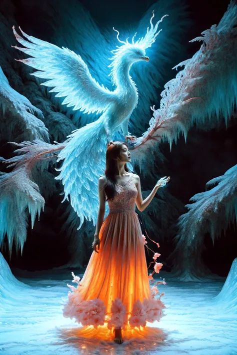 A girl wearing a long dress danced and performed a prayer ritual in front of the Ice God's palace,a giant ice phoenix lurked in the sky,(Phoenix of Sora:1.2),<lora:PhoenixSora:0.6>,
very long hair,sword,wide_shot,<lora:add_detail:0.6>,a rocky cliff,
mythology,fantasy,drama,dreams,detail,(flower:1.2),(ice:1.2),<lora:GPTS4 dreamwave full_478773:0.5>,<lora:GoodHands-beta2:0.9>,<lora:irene_v70:0.6>,<lora:LiquidClothesV1fixed:0.7>,