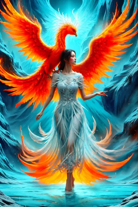 A girl wearing a long dress danced and performed a prayer ritual in front of the Ice God's palace,a giant ice phoenix lurked in the sky,(Phoenix of Sora:1.2),<lora:PhoenixSora:0.6>,
very long hair,sword,wide_shot,<lora:add_detail:0.6>,a rocky cliff,
mythology,fantasy,drama,dreams,detail,(flower:1.2),(ice:1.2),<lora:GPTS4 dreamwave full_478773:0.5>,<lora:GoodHands-beta2:0.9>,<lora:irene_v70:0.6>,<lora:LiquidClothesV1fixed:0.7>,