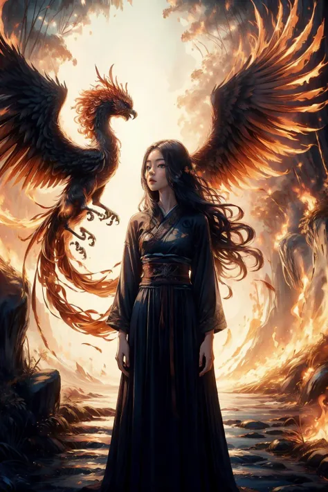 A girl wearing  a long dress and a fire phoenix walked through a giant stone gate,(Phoenix of Sora:1.2),in front were enemies waiting for them,a bamboo forest,hanfu,<lora:PhoenixSora:0.6>,
very long hair,sword,wide_shot,<lora:add_detail:0.6>,
mythology,fantasy,drama,dreams,detail,<lora:GPTS4 dreamwave full_478773:0.4>,<lora:GoodHands-beta2:0.9>,<lora:cn_girl-000002:0.6>,