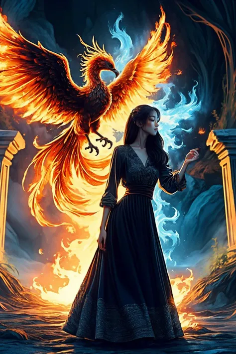 A girl wearing a long dress danced and performed a prayer ritual in front of a giant stone gate,a giant fire phoenix lurked in the sky,(Phoenix of Sora:1.2) ,<lora:PhoenixSora:0.7>,
very long hair,sword,wide_shot,<lora:add_detail:0.6>,a rocky cliff,
mythology,fantasy,drama,dreams,detail,(flower) ,<lora:GPTS4 dreamwave full_478773:0.3>,<lora:GoodHands-beta2:0.9>,<lora:cn_girl-000002:0.6>,