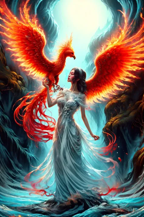 A girl wearing a long dress danced and performed a prayer ritual in front of the Ice God's palace,a giant ice phoenix lurked in the sky,(Phoenix of Sora:1.2),<lora:PhoenixSora:0.8>,
very long hair,sword,wide_shot,<lora:add_detail:0.6>,a rocky cliff,
mythology,fantasy,drama,dreams,detail,(flower:1.2),(ice:1.2),<lora:GPTS4 dreamwave full_478773:0.6>,<lora:GoodHands-beta2:0.9>,<lora:irene_v70:0.6>,style-sylvamagic,<lora:LiquidClothesV1fixed:0.8>,
