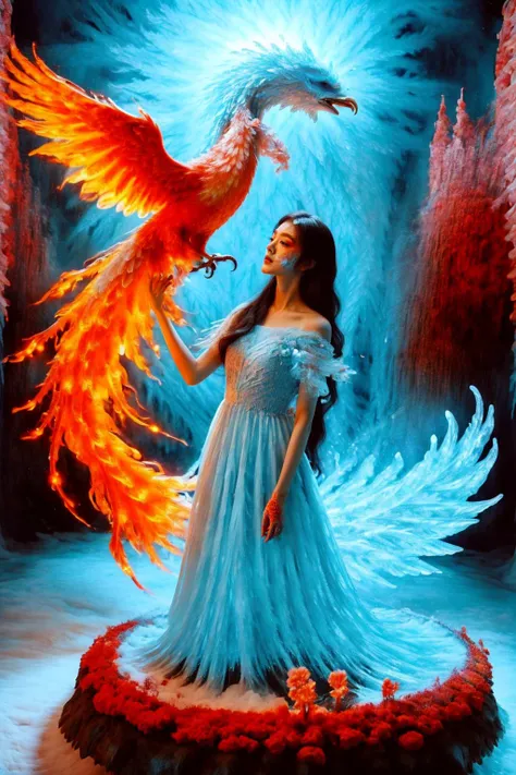 A girl wearing a long dress danced and performed a prayer ritual in front of the Ice God's palace,a giant ice phoenix lurked in the sky,(Phoenix of Sora:1.2),<lora:PhoenixSora:0.6>,
very long hair,sword,wide_shot,<lora:add_detail:0.6>,a rocky cliff,
mythology,fantasy,drama,dreams,detail,(flower:1.2),(ice:1.2),<lora:GPTS4 dreamwave full_478773:0.5>,<lora:GoodHands-beta2:0.9>,<lora:irene_v70:0.6>,<lora:LiquidClothesV1fixed:0.7>,