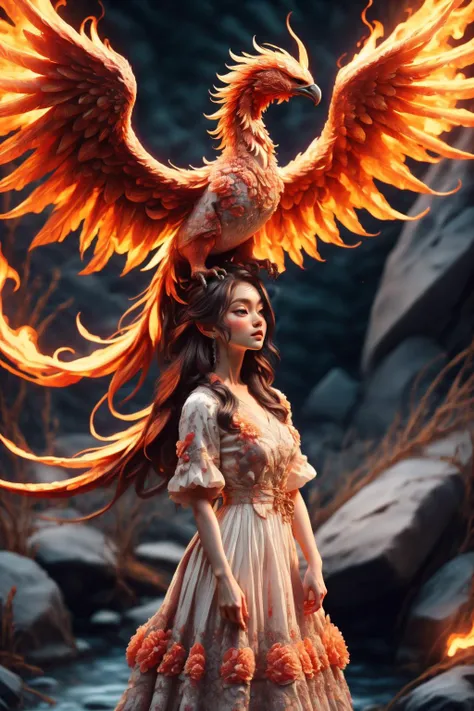 A girl wearing a long dress danced and performed a prayer ritual in front of a giant stone gate,a giant fire phoenix lurked in the sky,(Phoenix of Sora:1.2),<lora:PhoenixSora:0.7>,
very long hair,sword,wide_shot,<lora:add_detail:0.6>,a rocky cliff,
mythology,fantasy,drama,dreams,detail,(flower),<lora:GPTS4 dreamwave full_478773:0.3>,<lora:GoodHands-beta2:0.9>,<lora:irene_v70:0.6>,
