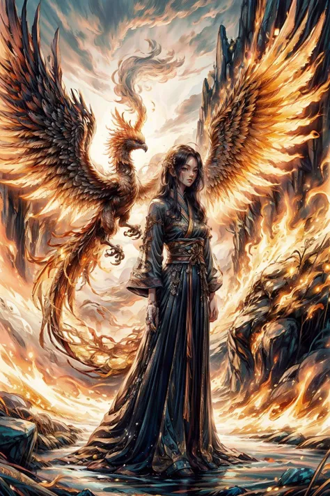 A girl wearing a long dress and a fire phoenix walked through a giant stone gate,(Phoenix of Sora:1.2), in front were enemies waiting for them, a bamboo forest, hanfu,<lora:PhoenixSora:0.6>,
very long hair,sword,wide_shot,<lora:add_detail:0.6>,
mythology, fantasy, drama, dreams,detail,<lora:GPTS4 dreamwave full_478773:0.4>,<lora:GoodHands-beta2:0.9>,<lora:cn_girl-000002:0.6>,