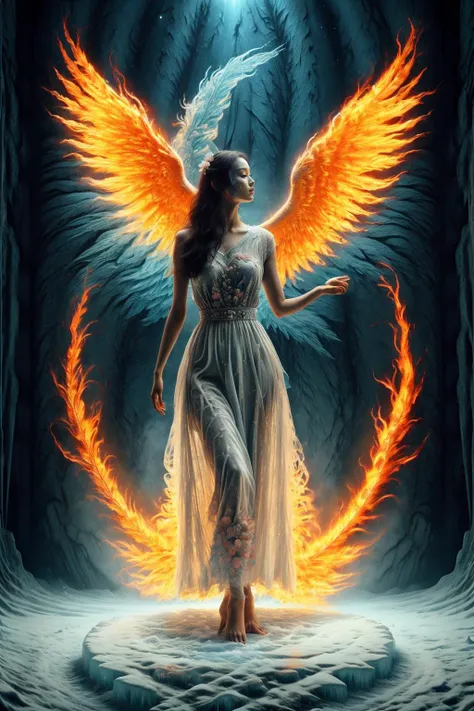 A girl wearing a long dress danced and performed a prayer ritual in front of the Ice God's palace,a giant ice phoenix lurked in the sky,(Phoenix of Sora:1.2),<lora:PhoenixSora:0.6>,
very long hair,sword,wide_shot,<lora:add_detail:0.6>,a rocky cliff,
mythology,fantasy,drama,dreams,detail,(flower:1.2),(ice:1.2),<lora:GPTS4 dreamwave full_478773:0.5>,<lora:GoodHands-beta2:0.9>,<lora:LiquidClothesV1fixed:0.7>,<lora:Unholy:0.7>,