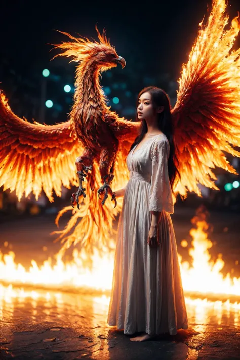 (masterpiece, top quality, best quality, official art, beautiful and aesthetic:1.2), extreme detailed, (Glowing ambiance, enchanting radiance, luminous lighting, ethereal atmosphere, mesmerizing glow, evocative hues, captivating coloration, dramatic lighting, enchanting aura), extreme detailed, soft nature lights, hyper detailed, soft colors,, 1girl, solo, Scandinavian, (Amusement,looking up, Violet eyes, high detail skin, real skin, skin texture:1.3), (Salt and Pepper Slicked-back hair:1.1), light passing through hair, (krface1:1.2), (cropped shoulders:1.5), (Plump:0.8), (small breasts:0.9), nice hands, perfect hands, <lora:GoodHands-beta2:1>, <lora:PhoenixSora:0.5> , ((Phoenix of Sora, BJ_Sacred_beast, giant phoenix, fire, burning, flaming eye, glowing:1.2), OliveGreen Tulle Bustier, Purple Denim High-waisted shorts, Block heel sandals, :1.2),