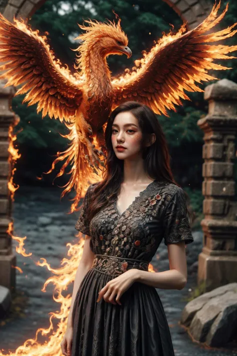A girl wearing a long dress danced and performed a prayer ritual in front of a giant stone gate,a giant fire phoenix lurked in the sky,(Phoenix of Sora:1.2),<lora:PhoenixSora:0.7>,
very long hair,sword,wide_shot,<lora:add_detail:0.6>,a rocky cliff,
mythology,fantasy,drama,dreams,detail,(flower),<lora:GPTS4 dreamwave full_478773:0.3>,<lora:GoodHands-beta2:0.9>,<lora:irene_v70:0.6>,