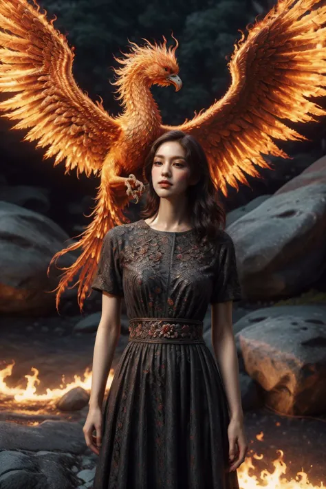 A girl wearing a long dress danced and performed a prayer ritual in front of a giant stone gate,a giant fire phoenix lurked in the sky,(Phoenix of Sora:1.2),<lora:PhoenixSora:0.7>,
very long hair,sword,wide_shot,<lora:add_detail:0.6>,a rocky cliff,
mythology,fantasy,drama,dreams,detail,(flower),<lora:GPTS4 dreamwave full_478773:0.6>,<lora:GoodHands-beta2:0.9>,<lora:irene_v70:0.6>,