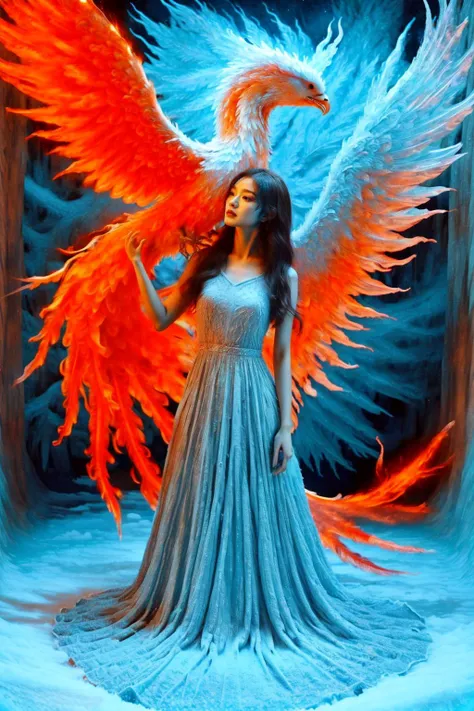 A girl wearing a long dress danced and performed a prayer ritual in front of the Ice God's palace,a giant ice phoenix lurked in the sky,(Phoenix of Sora:1.2),<lora:PhoenixSora:0.6>,
very long hair,sword,wide_shot,<lora:add_detail:0.6>,a rocky cliff,
mythology,fantasy,drama,dreams,detail,(flower:1.2),(ice:1.2),<lora:GPTS4 dreamwave full_478773:0.5>,<lora:GoodHands-beta2:0.9>,<lora:irene_v70:0.6>,<lora:LiquidClothesV1fixed:0.7>,