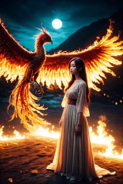 1 girl,full_body,fire tree,best quality,Phoenix of Sora,<lora:PhoenixSora:0.8>,
queen,very long hair,red eyes,small_breasts,large_wings,china_dress,chinese_style,hanfu,
dark,realistic,reality,full moon,mountain,full_moon,cirrus_floccus,magic circles,traditional_chinese_room,sword,wide_shot,<lora:add_detail:0.7>,
