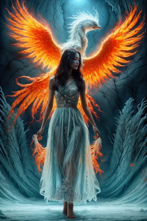 A girl wearing a long dress danced and performed a prayer ritual in front of the Ice God's palace,a giant ice phoenix lurked in the sky,(Phoenix of Sora:1.2),<lora:PhoenixSora:0.6>,
very long hair,sword,wide_shot,<lora:add_detail:0.6>,a rocky cliff,
mythology,fantasy,drama,dreams,detail,(flower:1.2),(ice:1.2),<lora:GPTS4 dreamwave full_478773:0.5>,<lora:GoodHands-beta2:0.9>,<lora:LiquidClothesV1fixed:0.7>,<lora:Unholy:0.7>,
