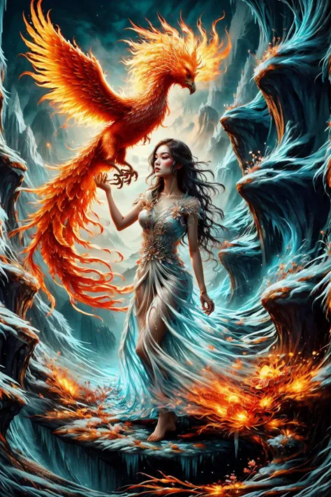A girl wearing a long dress danced and performed a prayer ritual in front of the Ice God's palace,a giant ice phoenix lurked in the sky,(Phoenix of Sora:1.2),<lora:PhoenixSora:0.6>,
very long hair,sword,wide_shot,<lora:add_detail:0.6>,a rocky cliff,
mythology,fantasy,drama,dreams,detail,(flower:1.2),(ice:1.2),<lora:GPTS4 dreamwave full_478773:0.5>,<lora:GoodHands-beta2:0.9>,<lora:irene_v70:0.6>,<lora:LiquidClothesV1fixed:0.7>,