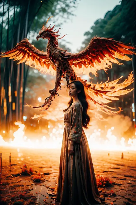1girl wearing a long dress rides on a tiger's back,in the background is a flying fire phoenix,Phoenix of Sora,bamboo forest,hanfu,full body,<lora:PhoenixSora:0.8>,
very long hair,sword,wide_shot,<lora:add_detail:0.6>,<lora:wuxia:0.7>,<lora:ç»ªå¿-å½æ½®ç»é£ guochao:0.7>,