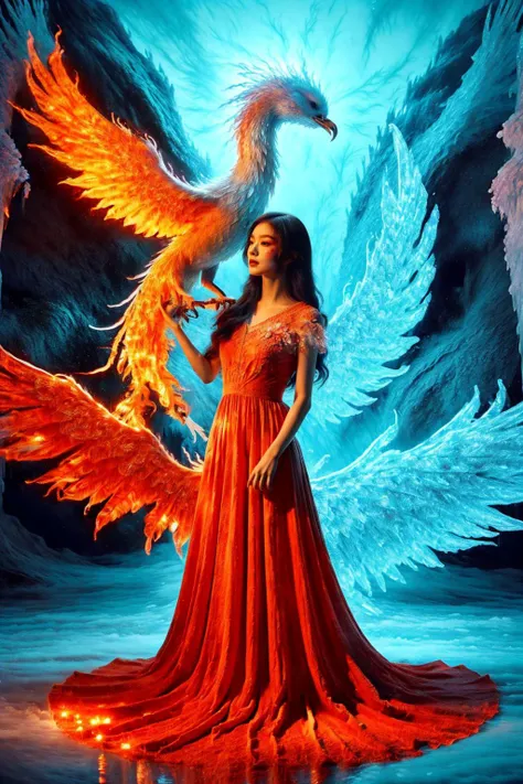 A girl wearing a long dress danced and performed a prayer ritual in front of the Ice God's palace,a giant ice phoenix lurked in the sky,(Phoenix of Sora:1.2),<lora:PhoenixSora:0.6>,
very long hair,sword,wide_shot,<lora:add_detail:0.6>,a rocky cliff,
mythology,fantasy,drama,dreams,detail,(flower:1.2),(ice:1.2),<lora:GPTS4 dreamwave full_478773:0.5>,<lora:GoodHands-beta2:0.9>,<lora:irene_v70:0.6>,<lora:LiquidClothesV1fixed:0.7>,
