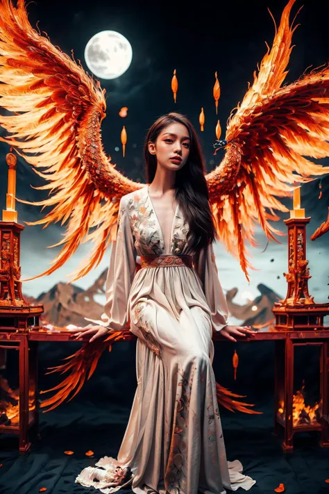 1 girl,queen,full_body,fire tree,Phoenix of Sora,<lora:PhoenixSora:0.8>,
very long hair,red eyes,small_breasts,large_wings,china_dress,chinese_style,hanfu,
dark,realistic,reality,best quality,full moon,mountain,full_moon,cirrus_floccus,magic circles,traditional_chinese_room,sword,wide_shot,<lora:add_detail:0.7>,<lora:绪å¿-彿½®ç»é£ guochao:0.9>,<lora:gpts4 lite dreamwave_278580:0.4>,
