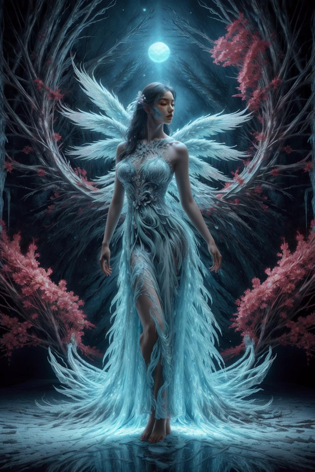 A woman in a white dress is standing in a dark forest - SeaArt AI