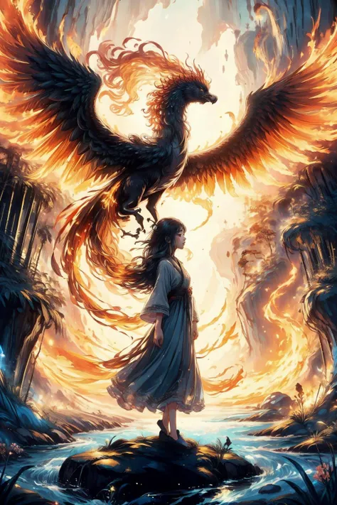 A girl wearing a long dress and a fire phoenix walked through a giant stone gate,(Phoenix of Sora:1.2),in front were enemies waiting for them,a bamboo forest,hanfu,<lora:PhoenixSora:0.6>,
very long hair,sword,wide_shot,<lora:add_detail:0.6>,
mythology,fantasy,drama,dreams,detail, (flower) <lora:GPTS4 dreamwave full_478773:0.4>,<lora:GoodHands-beta2:0.9>,<lora:cn_girl-000002:0.6>,