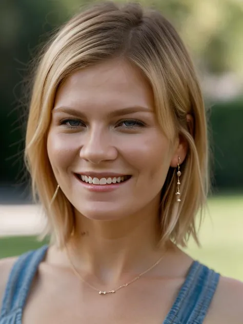 Realistic photo of a beautiful k1rst3nd-v2 woman, 1girl, solo, looking at viewer, smile, short hair, blue eyes, blonde hair, jewelry, upper body, earrings, teeth, grin, blurry, portrait, realistic, soft lighting, professional Photography, Photorealistic, detailed, RAW, analog, sharp focus, 8k, HD, high quality, masterpiece<lora:k1rst3nd-v2:1.0>