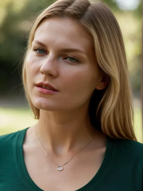 Realistic photo of a beautiful k1rst3nd-v2 woman, 1girl, solo, long hair, red t-shirt, looking at viewer, blonde hair, simple background, navel, medium breasts, green eyes, midriff, mole, lips, realistic, soft lighting, professional Photography, Photorealistic, detailed, RAW, analog, sharp focus, 8k, HD, high quality, masterpiece<lora:k1rst3nd-v2:1.0>
