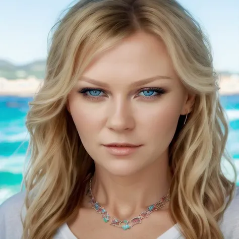 picture, best quality, a sexy 30yo beautiful KD<lora:KD:1.0>, long hair, looking at viewer, blonde hair, light blue eyes, lips, beach background, white t-shirt, makeup, jewlery, realistic, 8k, hdr