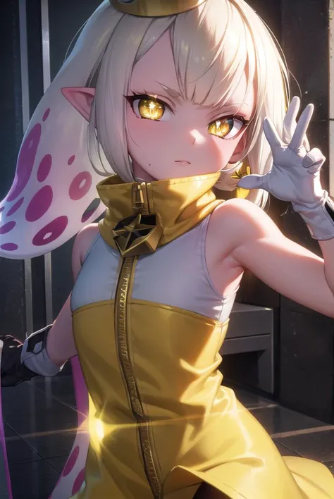 pearl, <lyco:pearl-lyco-nochekaiser:1>, 
pearl, tentacle hair, chromatic aberration, long hair, mole, mole under mouth, multicolored hair, pointy ears, (symbol-shaped pupils:1.5), two-tone hair, white hair, (yellow eyes:1.5),
BREAK bare arms, bare shoulders, boots, crown, dress, fingerless gloves, gloves, pantyhose, pink pantyhose, sleeveless, sleeveless dress, zipper,
BREAK cowboy shot, looking at viewer, 
BREAK indoors,
BREAK <lyco:GoodHands-beta2:1>, (masterpiece:1.2), best quality, high resolution, unity 8k wallpaper, (illustration:0.8), (beautiful detailed eyes:1.6), extremely detailed face, perfect lighting, extremely detailed CG, (perfect hands, perfect anatomy),